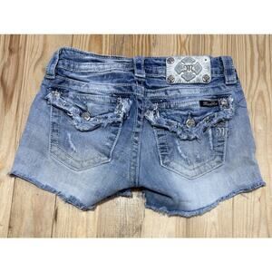MISS ME Mid-Rise Cut Off Distressed Denim Rhinestones 5 Pocket Flap Shorts 25